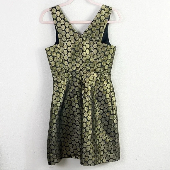 J. Crew Fit & Flare Black w/ Metallic Gold Dot Jacquard V-neck Mini Dress size 2 - Picture 12 of 12